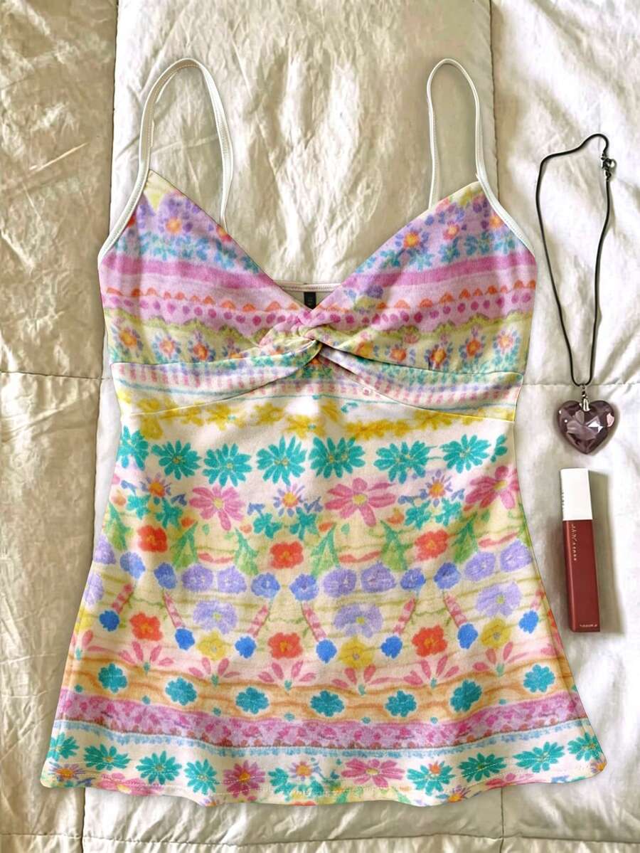 SHEIN 女士夏季度假休闲印花扭结吊带背心 - 彩色 - 查看 1