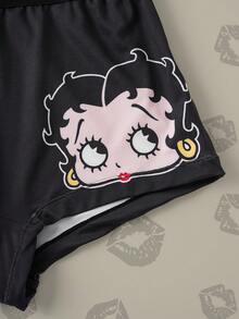 Betty Boop x SHEIN 大码圆领无袖撞色滚边时尚印花内衣套装 - 黑色 - 查看 6