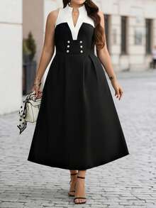 SHEIN Clasi CURVE Women's Plus Size Black And White Decorative Buckle Waist-Cinching Spring/Summer Dress Teachers' Day Formal Brunch Eleganza Elegant - Black and White - View 2