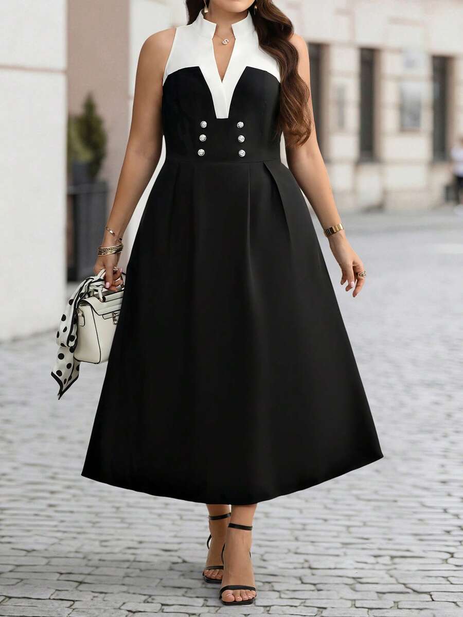 SHEIN Clasi CURVE Women's Plus Size Black And White Decorative Buckle Waist-Cinching Spring/Summer Dress Teachers' Day Formal Brunch Eleganza Elegant