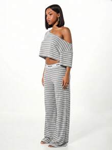 SUMWON WOMEN Striped Wide Leg Lounge Pants For Home Relaxation Comfort Sleep Pajama Bottoms With Elastic Waistband - Light Grey - View 4