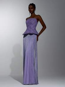 Elitara Elegant Queen Classical Lace 3D Floral Strapless Neckline Internal Boning Splice Tassel Long Dress Formal Wedding Guest Navy Blue Winter - Purple - View 7