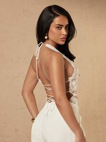 Silquee Women's Floral Embroidered Pattern Sexy Versatile Halter Top Halloween - White - View 2