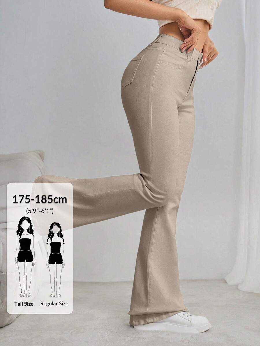 SHEIN Tall 女款喇叭休閒牛仔褲,附口袋,百搭,適合高個女性 - 杏色 - 查看 1