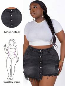 CurvyTilda Plus Size Women Distressed Pocket Frayed Hem Casual Versatile Daily Wear Denim Shorts Summer - Dark Grey - View 4