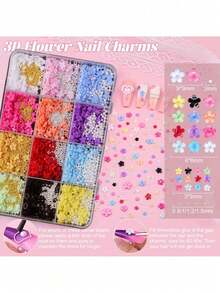 Este Conjunto de Arte de Unhas com 12 Compartimentos de Mistura Aleatória de Flores e Strass é Adequado para Salões de Unhas DIY, Festas na Praia, Férias de Verão e Uso Diário. Ele Apresenta um Brilho Cintilante, Aplicação Fácil, um Efeito 3D Elevado e um Visual. - Multicolorido - Visão 9