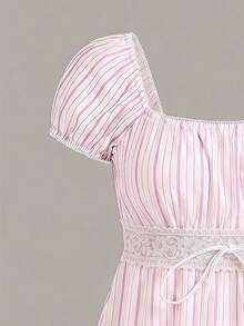 CovetEZ Summer Outfits Square Neck Petal Sleeve Tie Front Tee In Pink Striped Print,Summer Top - Multicolor - View 7