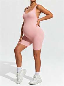 SHEIN Maternity Solid Color Camisole Style Athletic Romper - Pink - View 10
