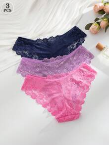 SHEIN 浪漫性感蕾絲女款三角內褲 3件組 - 彩色 - 查看 3