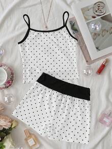SHEIN Elladie kids 女童白色與黑色波點兩件套，上衣附蝴蝶結與小狗印花，搭配波點短褲，黑白配色，簡約清新，可愛卡通元素，柔軟俏皮，適合夏季 - 黑與白 - 查看 2