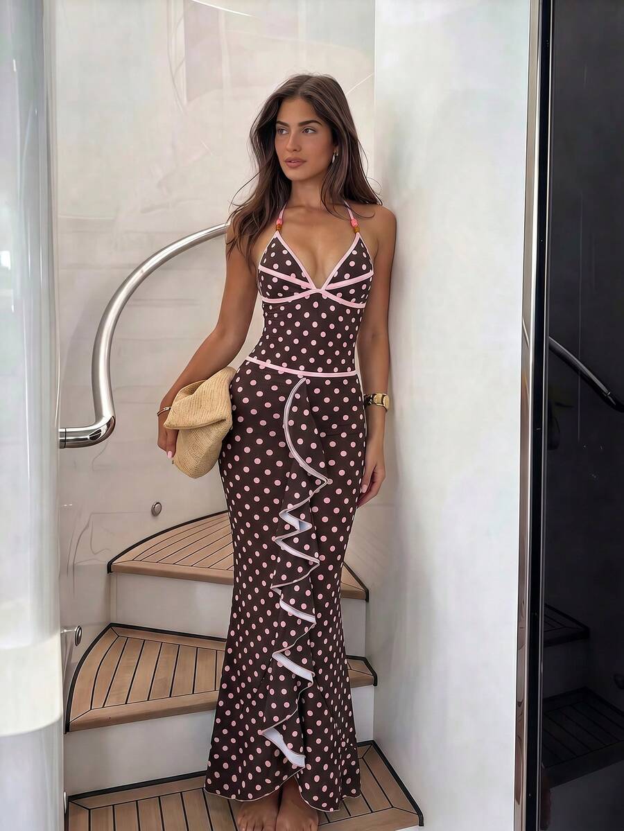 Sunnyshic Premium Striped Print Colorblock Spaghetti Strap Halter One-Piece Swimsuit With Extended Striped Skirt 2 Pieces Set - Multicolor - View 1
