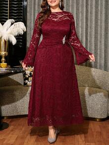 Reflora Plus Size Women's Lace Patchwork Rhinestone Decor Elegant Waist-Cinching Party Dress Fall - Burgundy - View 3