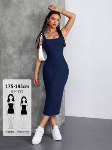 SHEIN Tall 方領露肩修身緊身牛仔中長洋裝，適合派對與度假，高個女性穿著 - 深色水洗藍 - 查看 1