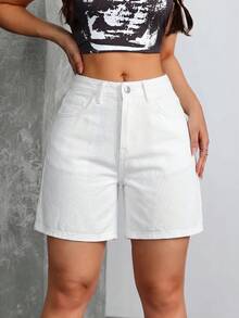 SHEIN Tall Y2K 基本款中腰休閒水洗牛仔短褲 女款 日常白色夏季 高個女性適用 - 白色 - 查看 3