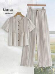 Rusticease Casual Sequence Striped Shirt And Pants 2 Pieces Set Vacation White Summer