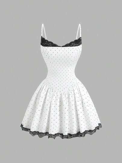 Sweetra French Chic Vintage Vacation Lace Spaghetti Strap Polka Dot Full Skirt Women's Dress Elegant Party Gown Spring Summer Daily Commute