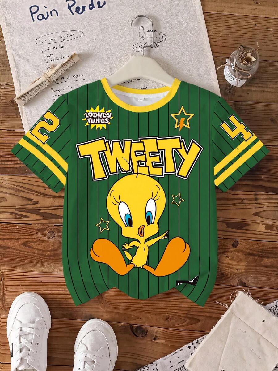 LOONEY TUNES X SHEIN 青少年女孩圓領字母卡通印花休閒日常短袖T恤 - 白色 - 查看 1