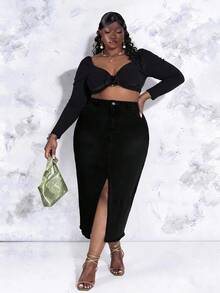 CurvyTilda Plus Size Casual Versatile Asymmetric Pockets Slit Denim Skirt Black - Black - View 1