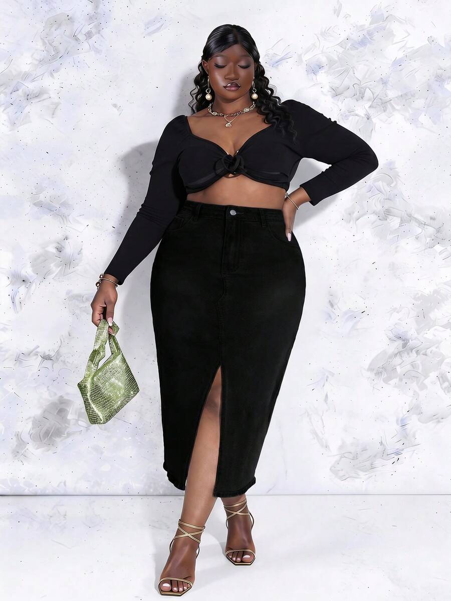 CurvyTilda Plus Size Casual Versatile Asymmetric Pockets Slit Denim Skirt Black - Black - View 1