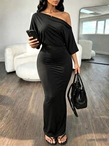 Rovax Sexy Asymmetric Neck Ruched Waist Bodycon Long Dress For Women - Black - View 1