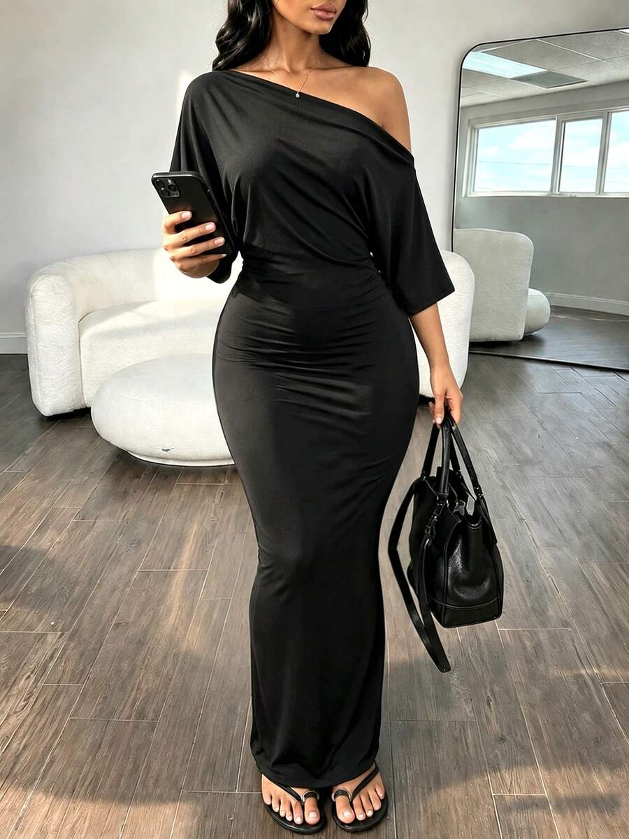 Rovax Sexy Asymmetric Neck Ruched Waist Bodycon Long Dress For Women - Black - View 1