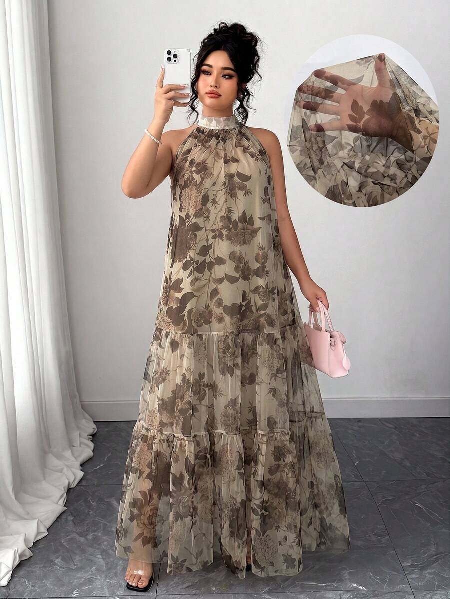 Elenzga 大尺碼女款優雅梭織無袖雙層花卉網紗洋裝,米色夏季婚禮賓客晚宴禮服 - 卡其色 - 查看 1