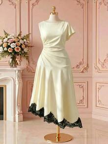 Rometta Damen-Strickkleid in großen Größen für den Sommer, neu, mit weitem Ausschnitt, asymmetrischen kurzen Ärmeln, geraffter Taille, figurschmeichelndem Design, elegant, modisch, sexy und sanft, mit weitem Oberteil, schmalem Saum und Spitzenbesatz, lang, geeignet für Alltag, Lässig, Dates und Treffen - Aprikosenfarben - Übersicht 3