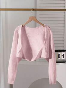 SHEIN Tween Girl Casual Versatile Solid Color Cropped Cardigan - Baby Pink - View 8