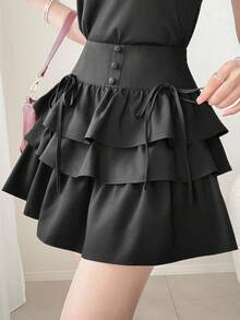 FRIFUL Rok Ruffle Berlapis Pinggang Tinggi Wanita yang Mempesona, Atasan Lucu Serbaguna - Hitam - View 6