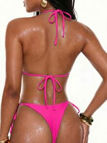 Oceva Women's Bikini Swimwear Set, Hot Pink Foil Polka Dot Sexy Casual Beach Club Party Vacation Summer - Pink - View 2