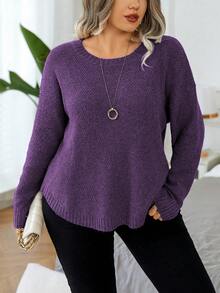 Elenzga Plus Size Casual Versatile Long Sleeve Pullover Sweater For Daily Wear - Purple - View 1