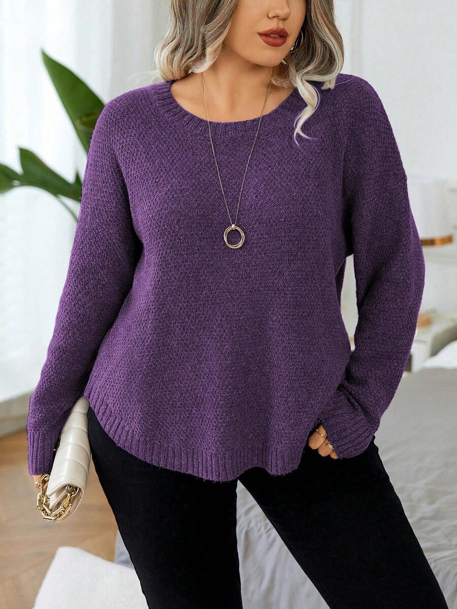 Elenzga Plus Size Casual Versatile Long Sleeve Pullover Sweater For Daily Wear - Purple - View 1