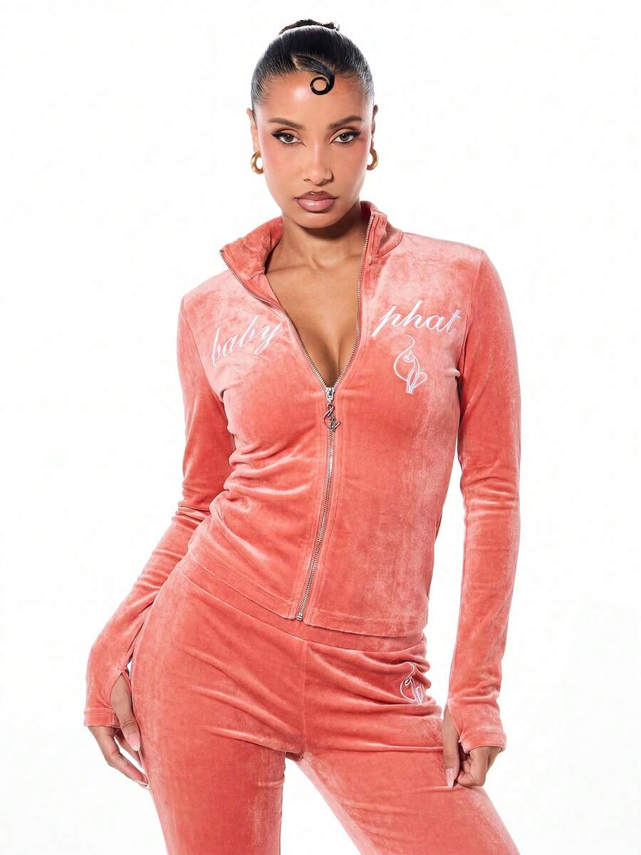 BABYPHAT Velour Long Sleeve High Neck Zip-Up Crop Jacket With Script Logo Detail - Coral Pink - View 1