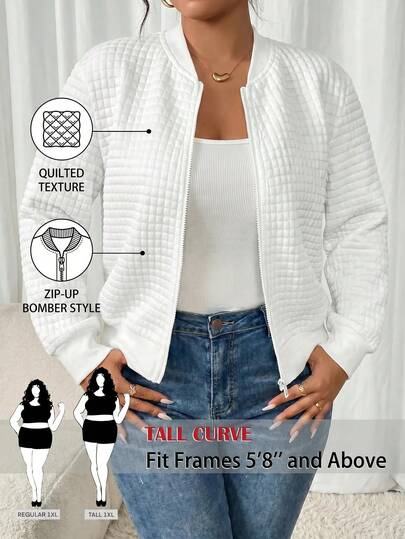 SHEIN Tall CURVE Plus Size Women's Solid Color Long Sleeve Zip-Up Casual Baseball Jacket