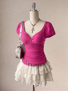 Attitoon Women's Solid Color Sweetheart Neck Short Sleeve Fitted Casual T-Shirt - Hot Pink - View 8