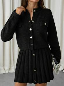 EURMUSE Women Solid Color Front Button Cardigan Pleated Sweater Skirt Set Office Tea Party Black Winter Elegant French - Black - View 5
