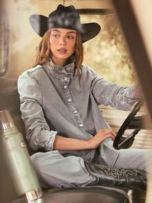 WESTFADE Ruffle Mock Neck Long Sleeve Denim Top, Fall, Female Country, Western Casual, Festival, Concert Grey Blue - Light Grey - View 1