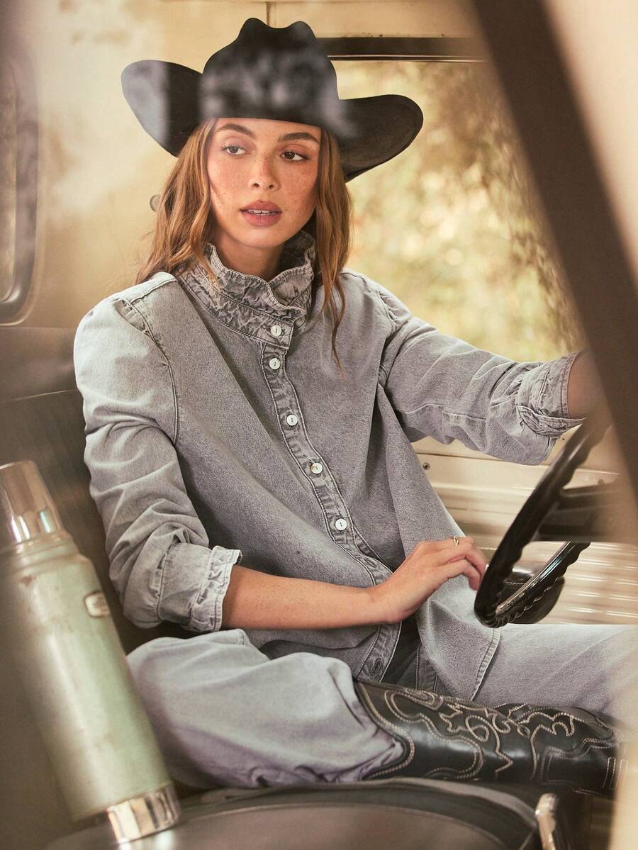 WESTFADE Ruffle Mock Neck Long Sleeve Denim Top, Fall, Female Country, Western Casual, Festival, Concert Grey Blue - Light Grey - View 1