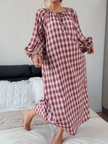 Livesso 女款簡約百搭格紋綁帶寬鬆休閒居家洋裝 秋季 - 紅色 - 查看 3