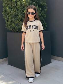 青少年女孩寬鬆休閒極簡舒適圓領套頭拼接色T恤與長褲套裝 - 卡其色 - 查看 2