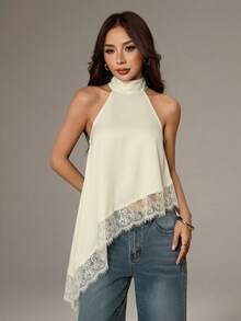 SHEIN PETITE 優雅奶油色不對稱高領掛脖上衣，蕾絲飾邊，無袖夏季襯衫，適合晚宴、雞尾酒會、約會之夜與婚禮賓客，適合嬌小女性 - 杏色 - 查看 7