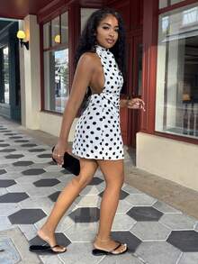 Alexandranx Minimalist Commuter Neck Tie Backless Bodycon Ruched White Polka Dot Mini Dress For Women,Dresses Elegant Summer Party - Black and White - View 4