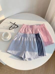 SHEIN Tween女孩休閒80年代90年代街頭風運動圓領無袖海軍藍粉色條紋背心與短褲2件套 夏季返校穿搭 - 粉色 - 查看 5