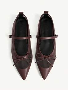 CUCCOO CHICEST Women's Shoes Breathable Mesh Bow One-Buckle Pointed Heel Simple Mesh Splicing Brown Mary Jane Flats Commuter Dating Party Fall Shoes - dark brown - View 2