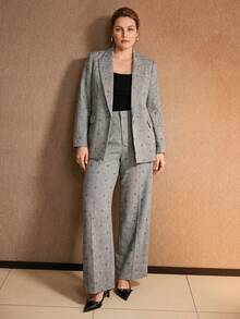 MOTF PREMIUM PLUS SIZE WOMEN'S AUTUMN/WINTER TWEED RHINESTONE DECORATED LOOSE WIDE LEG LONG PANTS - Grey - View 3