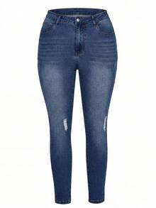 EMERY ROSE Plus Size Skinny Washed Distressed Denim Jeans - Medium Wash - View 3