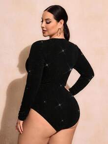 SHEIN SXY 大尺碼女款純色方領長袖亮片時尚連身衣 - 黑色 - 查看 4