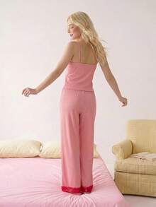 Eraneu European & American Sexy Lady Pink Lace Patchwork Women Pajama Set Lingerie Pajamas Set Two Piece Night Set Sexy Pajama Set Sexy Lounge Sets For Women Two Piece Sleepwear Set - Multicolor - View 2