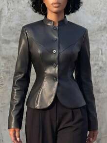 Eryvara Women's New Autumn/Winter High Neck Slim Fit Leather Jacket, Commuter Style - Black - View 2