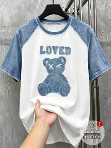 GENTILAND Retro American White Contrast Color Drop Shoulder T-Shirt With Cartoon Bear Print,Summer Casual Streetwear Crew Neck Graphic Tee For Men's,City Break - Multicolor - View 8